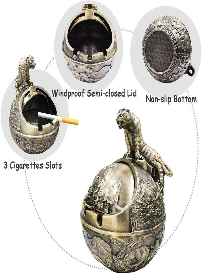 Hourwof Windproof Ashtray with Lid for Cigarettes,Metal Vintage Ashtrays for Outdoor Indoor Home Decor,Decorative Smokeless Ashtray,Bronze Tiger - Image 3
